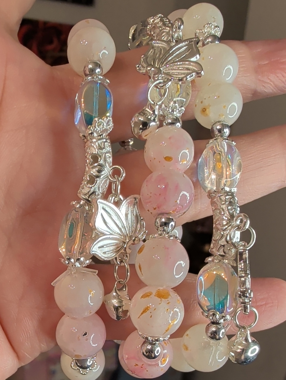 3 Glass Pink & White Beaded Bracelet with Silver Butterfly Accents